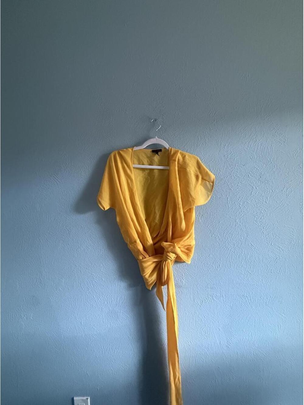 Escada yellow wrap short sleeve top with tie detail, size 38